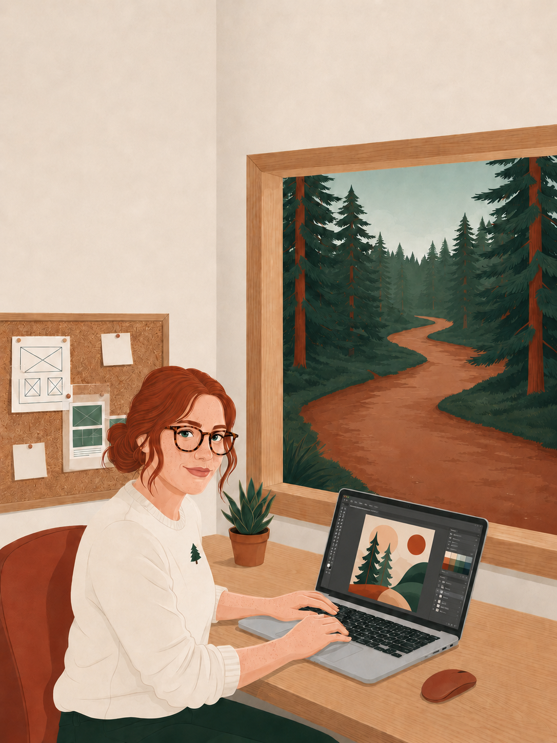 Nikki designing websites in the Between the Pines studio