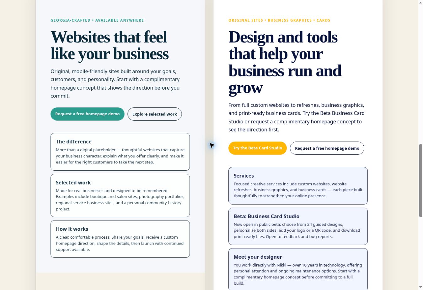 Example of two different personalized homepage concepts produced by the Website Refresh Preview Studio